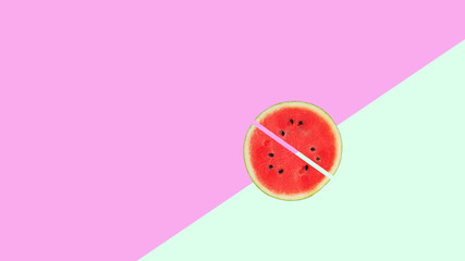 Watermelon on two color background, minimal style, flat lay, fashion and beauty concept
