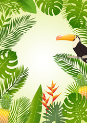 Summer tropical design with palm leaves, tropical plants, flowers, pineapple, toucan. Vector illustration.