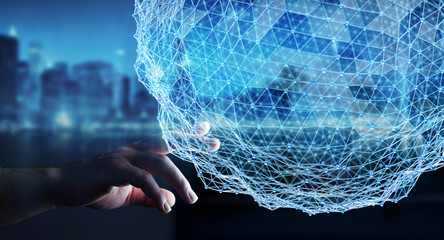 Businessman touching flying network sphere 3D rendering