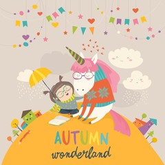 Obraz premium Cute girl hugging unicorn. Autumn wonderland