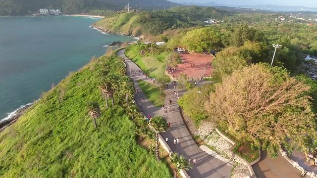 Promthep Cape. Popular Touristic Sunset Viewpoint at Phuket Island, Thailand. Aerial view in 4K.