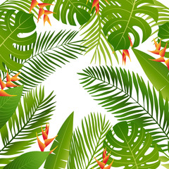 Summer tropical design with palm leaves, tropical plants, flowers. Summer background.