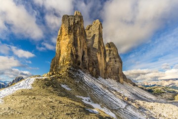 View at he Tre Cime di Lavaredo from Forcella Lavaredo in Dolomites, Italy