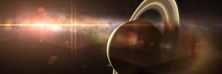 sunrise over the planet Saturn with Milky Way galaxy in background