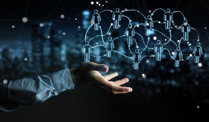 Businessman using hand drawn social network interface