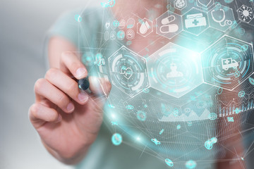 Businesswoman using digital medical sphere with a pen 3D rendering