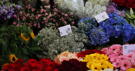 beautiful bunch of fresh flowers on sale in the florist market