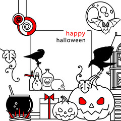 Halloween. Background with linear isolated vector icons. Pumpkin, gift, crow, moon, bat, skull, cauldron, magic potion, candy, old house.
