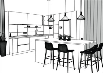 3D vector sketch. Modern kitchen design in home interior. Kitchen sketch. There is also a kitchen island in the room. Kitchen and living room combined. Pendant lights. Fridge. Lines, projection.