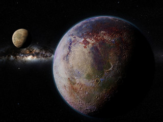 Obraz premium alien planet with moon in front of the Milky Way galaxy