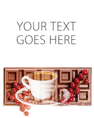 Double exposure of coffee cup and chocolate bar with redcurrant - Card