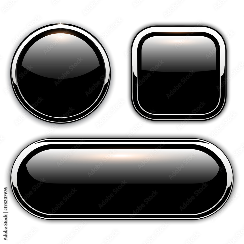 Poster glossy black buttons with metallic chrome elements,
