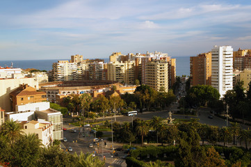 SOView on bull fighting arena (Plaza de toros de La Malagueta) and port in Malaga, Spain from Castillo de GibralfaroNY DSC