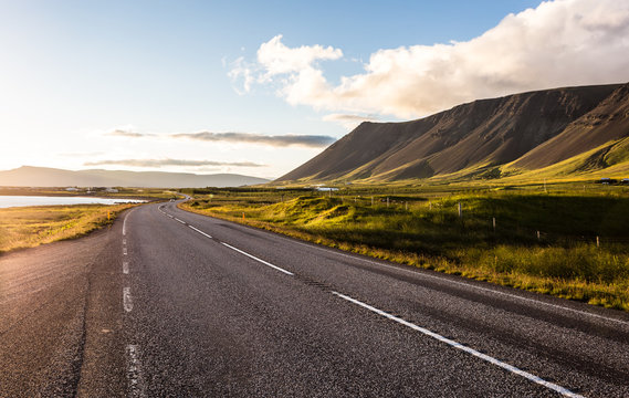 Sunset over a road in Iceland