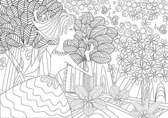lovely young woman in fantasy forest for coloring book