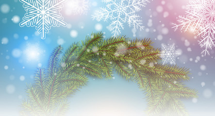 Fototapeta na wymiar Christmas background with snowflakes and Christmas wreath
