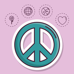 peace sign and related icons around  over purple background colorful design vector illustration