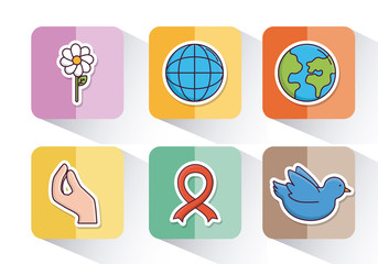 peace related icons over colorful squares and white background vector  illustration