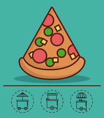 pizza icon and food trucks icons around over turquoise background colorful design vector illustration
