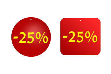 25 percent from red stickers on a white background. discounts and sales, holidays and education