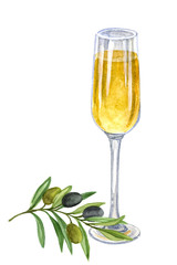 A glass of white wine with a branch of olives