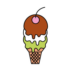 fresh tasty ice cream ball cone with one cherry waffle cup