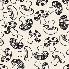 seamless monochrome hand drawn mushroom pattern background