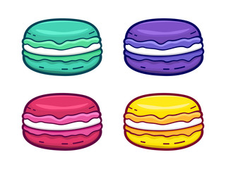Colorful macaroons set isolated on white background. Different color and taste french cookies for menu design. Vector cartoon style outline icons