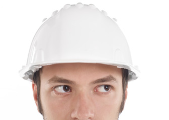 Worker's head with hardhat looking