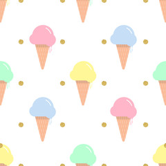seamless colorful ice cream in a waffle cone with gold dot glitter on white background