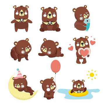 Set of illustrations with bears. Different poses.
