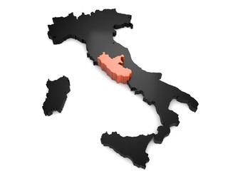 Italy 3d black and orange map, with Lazio region highlighted. 3d render