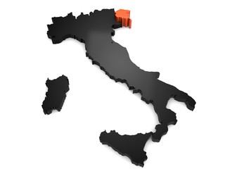 Italy 3d black and orange map, with Friuli Venezia Giulia region highlighted. 3d render