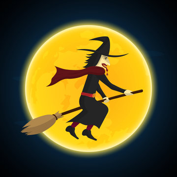 Halloween witch flying on broom and moon