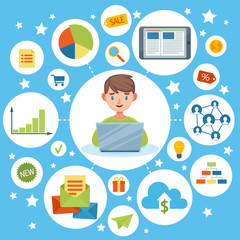 Cartoon Man at Computer Mind Map Illustration