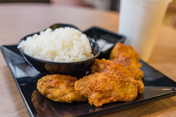 Korean sauce fried chickens Hot and Spicy served with rice
