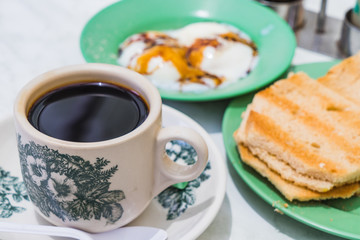 Singapore Breakfast Kaya Toast, Coffee bread and Half-boiled eggs