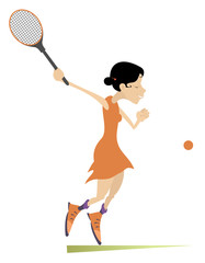Woman with a tennis racket beats a ball. Young woman playing tennis isolated
