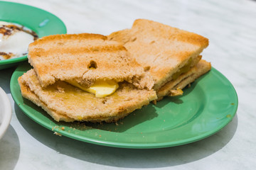 Singapore Breakfast Kaya Toast, Coffee bread and Half-boiled eggs