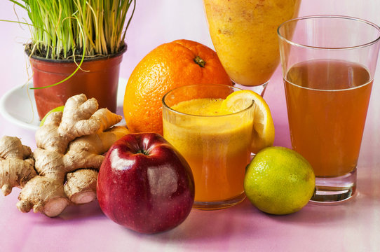 Juice and smoothie with fruit and herb.
