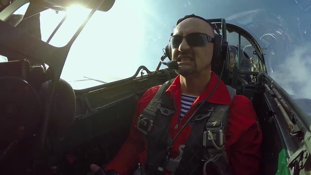 POV shot from the cockpit of a fighter plane. Pilot having Overload in the cockpit of a jet aircraft.