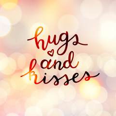 hugs and kisses lettering, vector handwritten text on lights