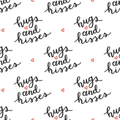 hugs and kisses lettering, vector handwritten text, seamless pattern