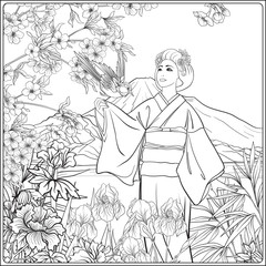 Japanese Landscape with Mount Fuji, sea, and Japanese woman kimo