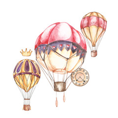 Samenstelling met heteluchtballonnen en zeppelins, aquarel illustratie. Element voor het ontwerpen van uitnodigingen, filmposters, stoffen en andere objecten.