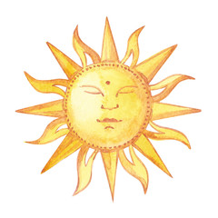 Yellow shiny sun watercolor illustration on white background.