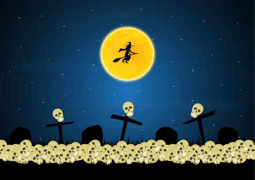 Halloween skull graveyard cross moon witch background