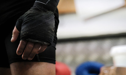 hand of the boxer before the fight, bandaged with a protective bandage