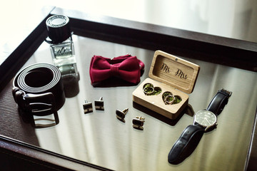 bow tie,wedding rings ,belt,clock,perfumes, cufflinks,the groom morning,businessman, wedding, man...