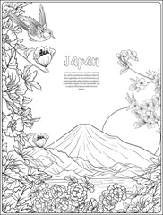 Japanese Landscape with Mount Fuji and tradition flowers and a b